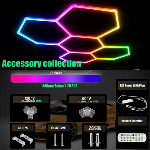 RGB Hexagon Ceiling Light Fixture 15 Pack With Dope Color Modes showing accessories like connectors, clips, remote, and adapter.