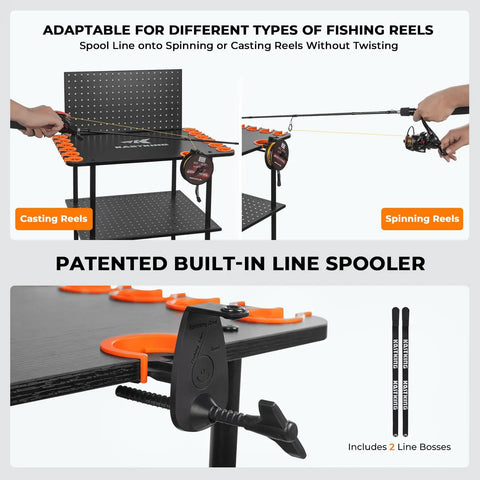 Indoor Fishing Rod Storage Cart For 12 Combos With A 3 Tier Tackle Rack And Peg Wall Built In Line Spooler Mobile Tackle Storage Cart With Locking Wheels Ultimate Gear Organizer For Home Garage Or Boat Shed featuring built-in line spooler