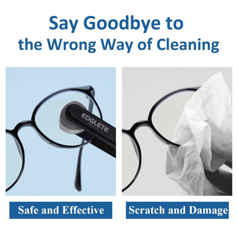Glasses cleaning kit in black with microfiber pad; two-panel view showing tool on frames and lens being wiped.