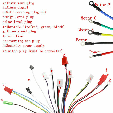 Heavy Duty 48V 1500W Brushless Motor Speed Controller For Electric Scooter wire connection diagram showing various plugs and functions.