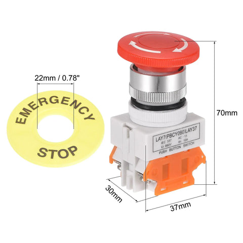 22mm Mounting Latching Emergency Stop Push Button Switch With Red Housing And Yellow Protective Cover, 2NC Contacts