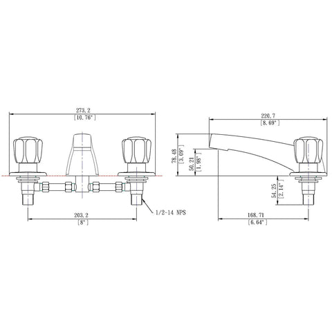 Technical drawing of Mobile Home Two-Handle Non-Metallic Adjustable Tub Filler In Chrome Finish With Easy Install, acrylic knobs.