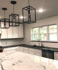 Industrial Black Pendant Light Fixture With Geometric Wire Cage in modern kitchen setting over island