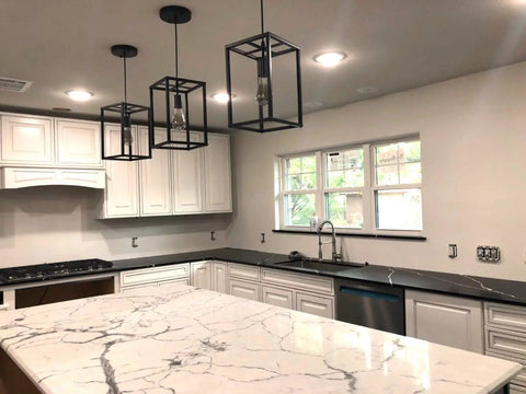 Industrial Black Pendant Light Fixture With Geometric Wire Cage in modern kitchen setting over island