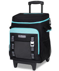 Black rolling cooler with wheels and handle, 50L capacity for 80 cans, portable insulated PEVA cooler, front view