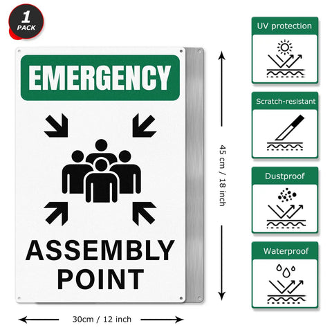 Emergency Assembly Point Sign 18x12 Inches Reflective Aluminum Waterproof Signage With Pre Drilled Holes For Warehouse School And Hospital Safety Built To Last
