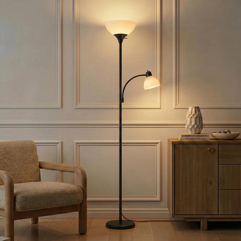 Sky Dome Plus LED Floor Lamp Torchiere With Reading Arm, black, in living room, wood floor, warm white lighting, tall standing light