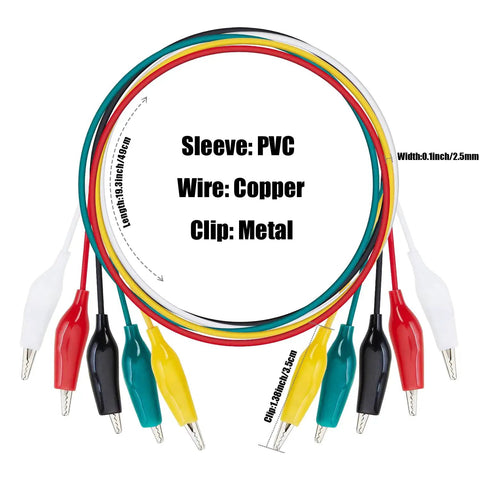 10 Piece Premium Electrical Crocodile Alligator Clip Test Lead Kit With Dual Ended Probes, color wires, 19.3 inch length, PVC sleeves