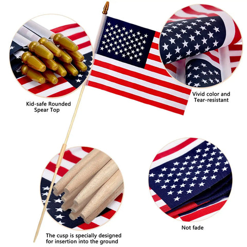 12 Pack 8x12 Inch American Flags on Sticks for Outdoor Use, features durable polyester fabric and wooden pole with spear top