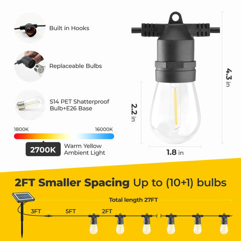 Outdoor Solar String Lights 29 Ft Long With 10 S14 Edison Bulbs Warm White IP65 Waterproof diagram showing bulb spacing and features