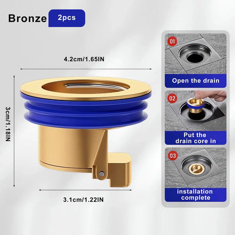 Brass Shower Floor Drain Backflow Preventer With One Way Valve in bronze, showing installation steps and dimensions