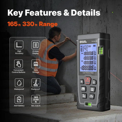 Beast Laser Measuring Tool With 165 Ft Range, High Accuracy One Sixteenth Inch Tolerance Plus Or Minus Two Millimeters, Multi Mode, Self Calibration, Backlight, 99 Memory, AAA Battery Operated For Indoor Outdoor Use, shown on a construction site