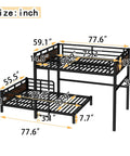 Full-over-full bunk bed in black metal with headboard and full-length guardrails; separable design.