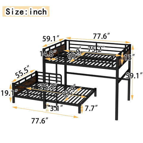 Full-over-full bunk bed in black metal with headboard and full-length guardrails; separable design.