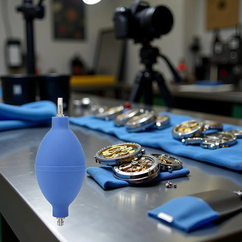 Blue Rubber Soft Cleaning Tool for Wristwatch Parts on the Go, Dust Air Blower Pump on workbench with watch components