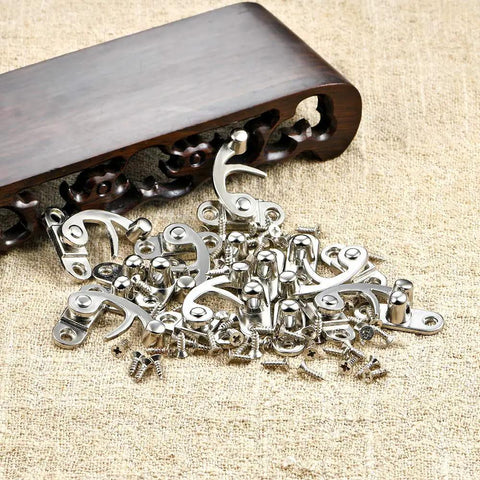 Wooden Box Latch Hook Kit Set With Silver Lock Clasp and Right Hasp Horn, shown with small screws, for DIY jewelry boxes.