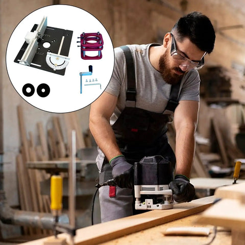 Prime Time Aluminum Router Lift System With Insert Plate For 65Mm Motors, 51mm stroke, shown in action by a craftsman.