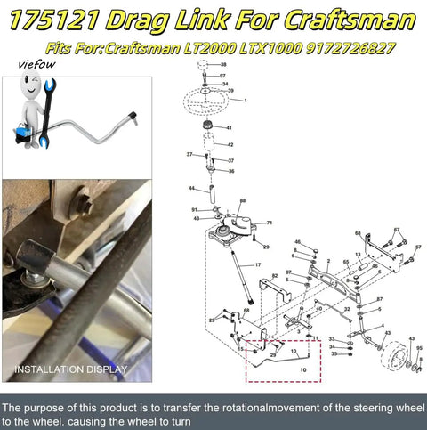 175121 Steering Drag Link Replacement For Husqvarna Craftsman Tractors 16.25 Inch Long With Mount Nuts Fits LT2000 LTX1000 YTH Series CT131 CT141 CTH141 CTH151T CTH182T CTH192 CTH2038 And More installed on steering linkage