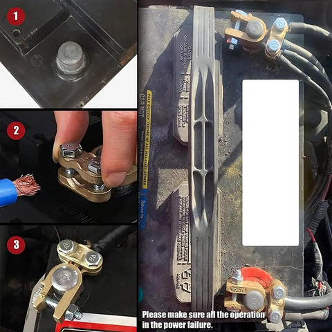 Installation of Brass Battery Terminal Clamps Set Top Post Connectors Protectors, Positive and Negative 1 Pair, on car battery.