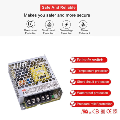 No Fuss Heavy Duty 12 Volt 35 Watt Switching Power Supply Ul Listed Ac To Dc Converter Built Tough for LED Lights, showing safety features.