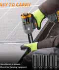 Using High Torque Cordless Impact Wrench 1500 Nm One Half Inch Drive on metal surface, green gloves visible, six socket sizes shown.
