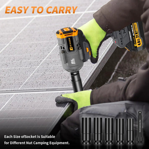 Using High Torque Cordless Impact Wrench 1500 Nm One Half Inch Drive on metal surface, green gloves visible, six socket sizes shown.