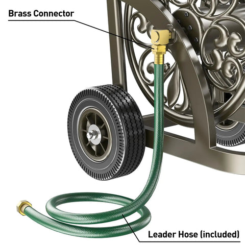 Mobile Hose Reel Cart With Wheels Holds Up To 200 Feet Of Five Eighth Inch Hose Heavy Duty Steel Frame With Storage Basket, detailing brass connector and leader hose.