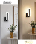 Top Shelf Modern Led Wall Sconces Set Of Two Up And Down Black Metal Fixture With 3000K Warm White Glow, lit and unlit.
