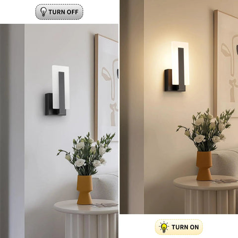 Top Shelf Modern Led Wall Sconces Set Of Two Up And Down Black Metal Fixture With 3000K Warm White Glow, lit and unlit.