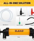 Front view of orange gas siphon pump with black end caps, two main hoses, and assorted adapters.