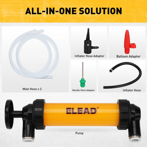 Front view of orange gas siphon pump with black end caps, two main hoses, and assorted adapters.