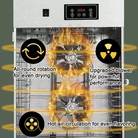 Interior view of Top Notch Commercial Electric Food Dehydrator, showing upgraded blower and rotation for even drying.