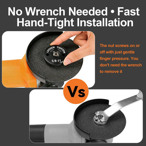 Hand tightening tool free quick install and release angle grinder nut set 5/8-11, showing ease of installation without tools.
