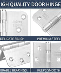 XinSheng SUS-316 stainless steel 4x4 inch door hinge, 3-pack, front, side, close-up and installed views.