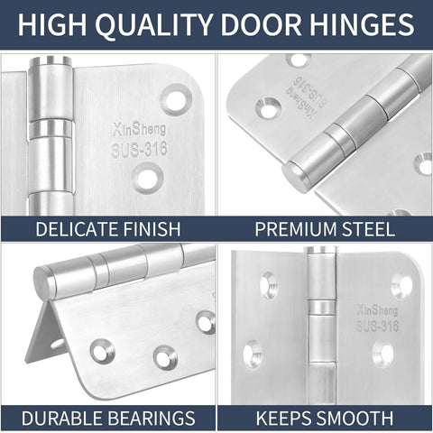 XinSheng SUS-316 stainless steel 4x4 inch door hinge, 3-pack, front, side, close-up and installed views.