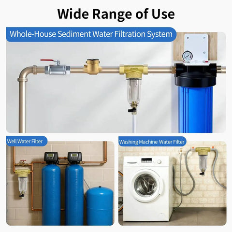 Image showing 40 Micron Spin Down Sediment Filter And Reusable Water Filter For Whole House Pre Filtration System installed in various setups.