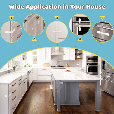 Kitchen with Six Pack Kid Safe Cabinet Locks For Cabinets And Drawers With Extra 3M Adhesives For Easy Install, shown on drawers and fridge