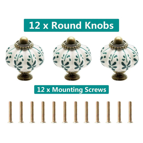 Ivory Pumpkin Ceramic Cabinet Knobs Set 12 Piece Vintage Leaf Pattern Drawer Pulls With Mounting Screws arranged in a row
