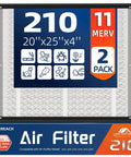 2 Pack Replacement Air Filters 20x25x4 MERV 11 For Home HVAC Furnace displaying front packaging with icons and specifications