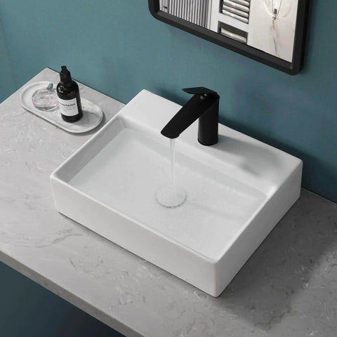 Rectangular Ceramic Vessel Sink For Bathroom Wall Mounted With Pop Up Drain Above Counter Upgrade Your Vanity With Modern Kaolin Ceramic Thick Glazed Surface No Install Kit Included atop gray countertop