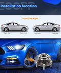Front Wheel Hub Bearing Assembly With ABS 5 Lug For Nissan Rogue 2008 To 2013, shown with installation diagram and blue car