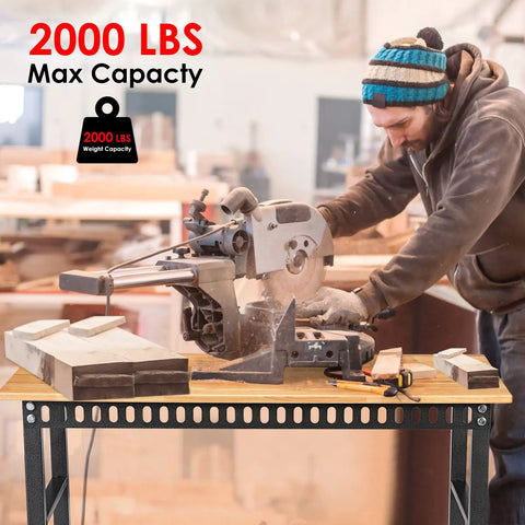Man working at 48 Inch Adjustable Workbench With Power Outlet, Heavy Duty 2000 Lb Load Capacity, Rugged Steel Frame