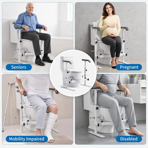 Built Tough Toilet Safety Rails For Seniors With No Wobble Stability And Wide Anti Slip Base For Tile Or Hardwood Floors Straightforward Setup Handicap Support Frame in use with seniors, pregnant women, disabled individuals.