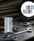 Heavy Duty Left Side Truck Cargo Box Panel Hinges Two Sets displayed with tools on a workbench for easy installation.