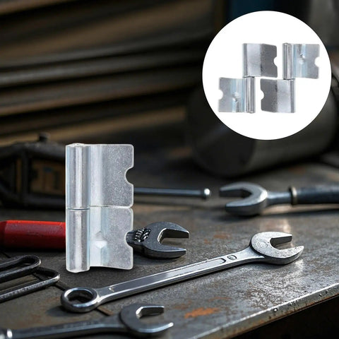 Heavy Duty Left Side Truck Cargo Box Panel Hinges Two Sets displayed with tools on a workbench for easy installation.