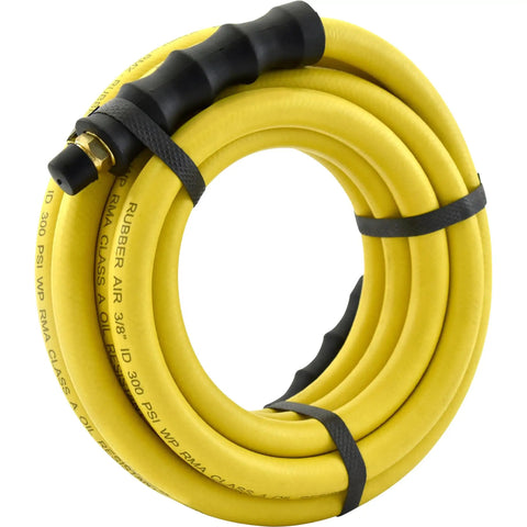 Coiled Oil Resistant Rubber Air Hose 3/8in x 50ft With 3/8in To 1/4in Reducer and grip, 300 PSI Max, Yellow