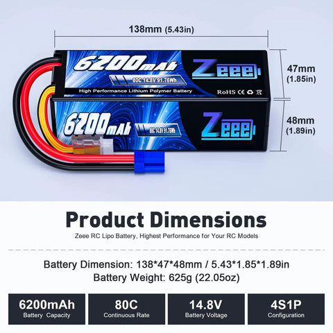 4S 6200mAh LiPo Battery 14.8V 80C high discharge with durable hard case EC5 connector for RC cars dimensions