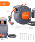Retractable Garden Hose Reel 1/2 Inch By 72 Feet Wall Mounted With 9 Function Sprayer shown with dimensions and accessories