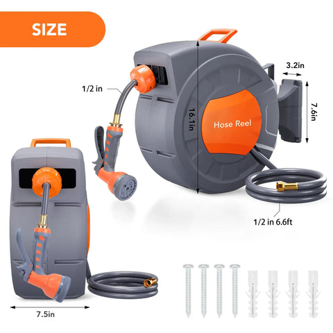 Retractable Garden Hose Reel 1/2 Inch By 72 Feet Wall Mounted With 9 Function Sprayer shown with dimensions and accessories
