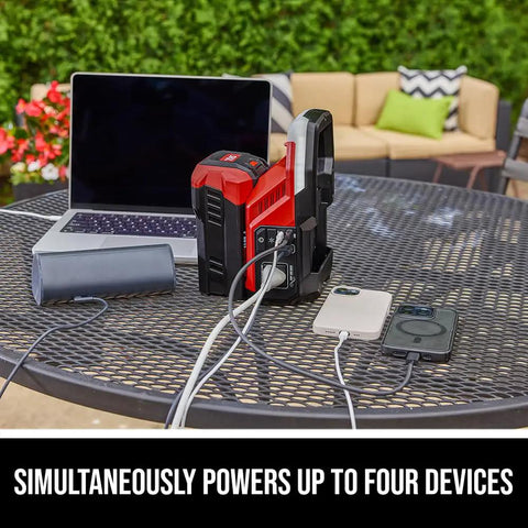 Built Tough 40V Power Inverter Dropping 300W Steady And 500W Peak Wattage powering multiple devices on a table.